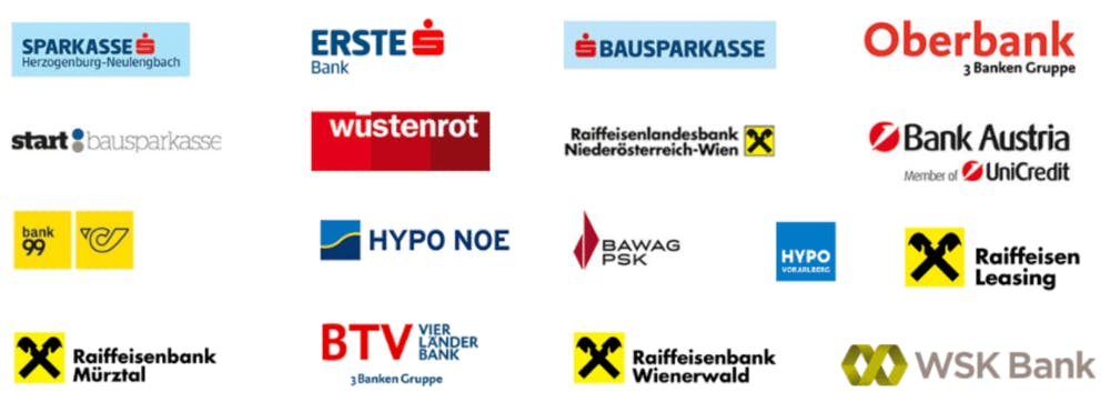 Logos von 18 österreichischen Banken, u.a. Sparkasse, Erste Bank, Bank Austria, Raiffeisenbank, BAWAG PSK